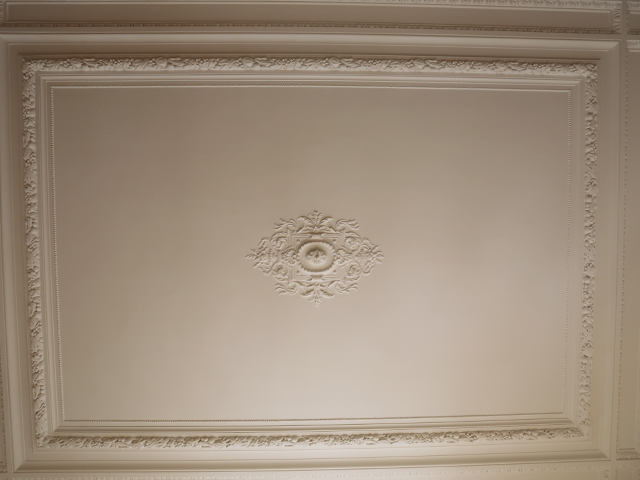 Plafond avec moulures rectangulaires et rosace — rénovation Paris